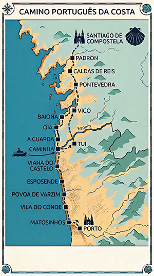 Stilisierte Karte der Wegstrecke "Camino Portugues da Costa" Bild: planetafk.com / Nikola Placzek